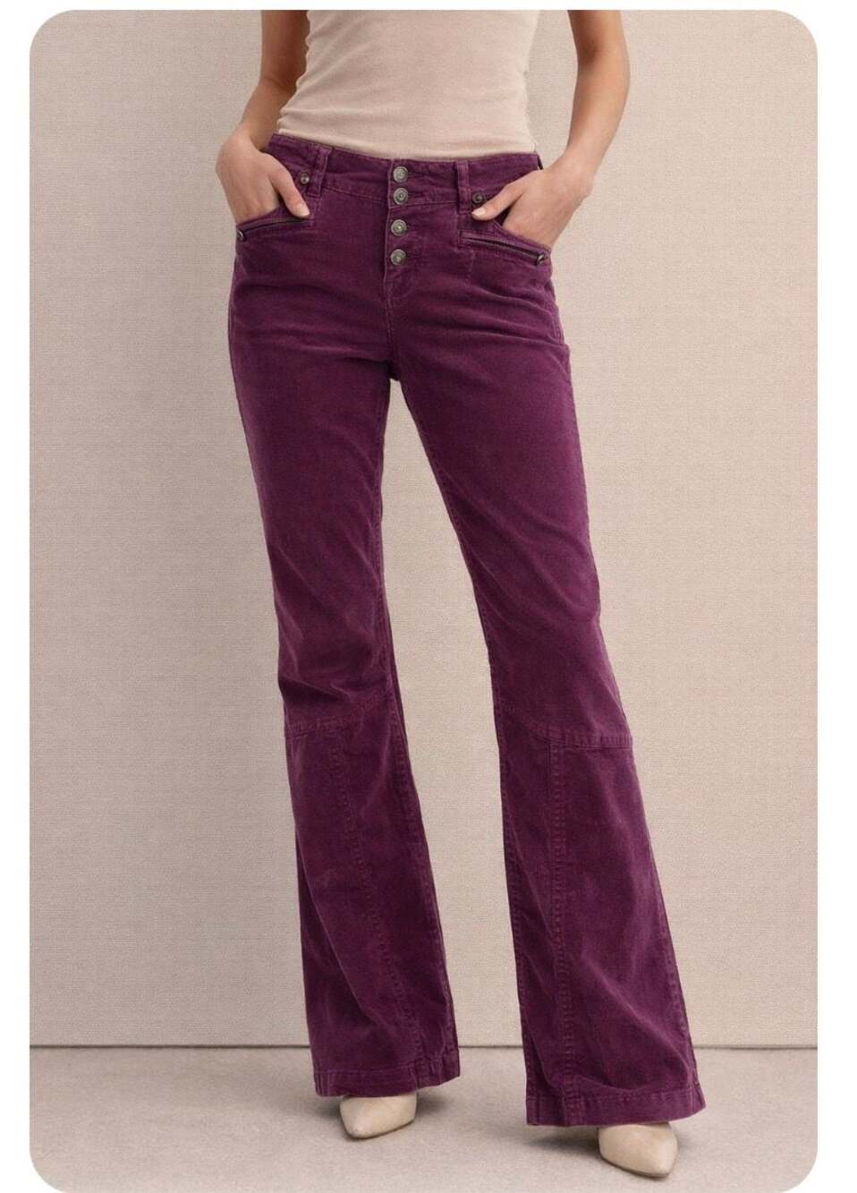Free People Hit Back Mid-Rise Slim Flare Corduroy Pants in Purple